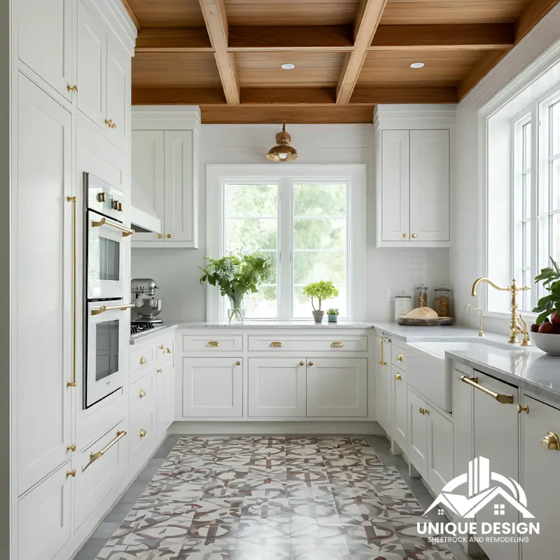 White kitchen with golden accents, patterned floor tiles, and a wooden coffered ceiling