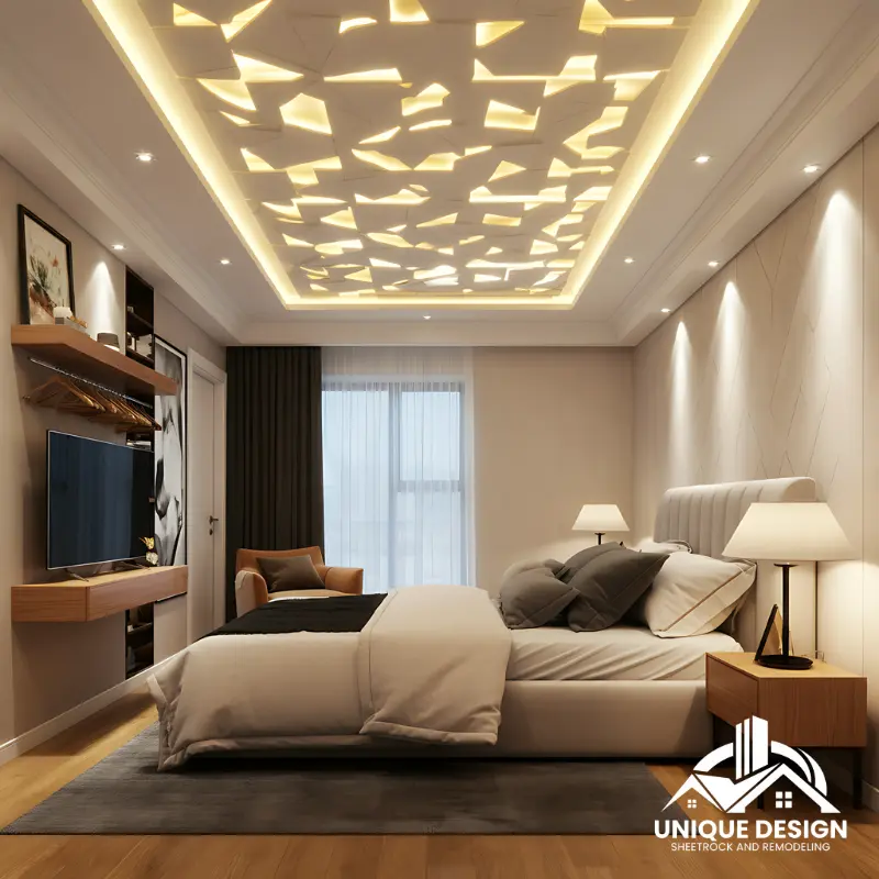 Modern bedroom with an intricate illuminated geometric ceiling design and custom wall paneling.