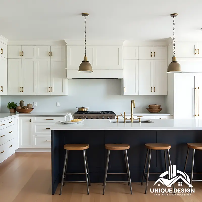 Bright white kitchen with black island, brass fixtures, and pendant lighting