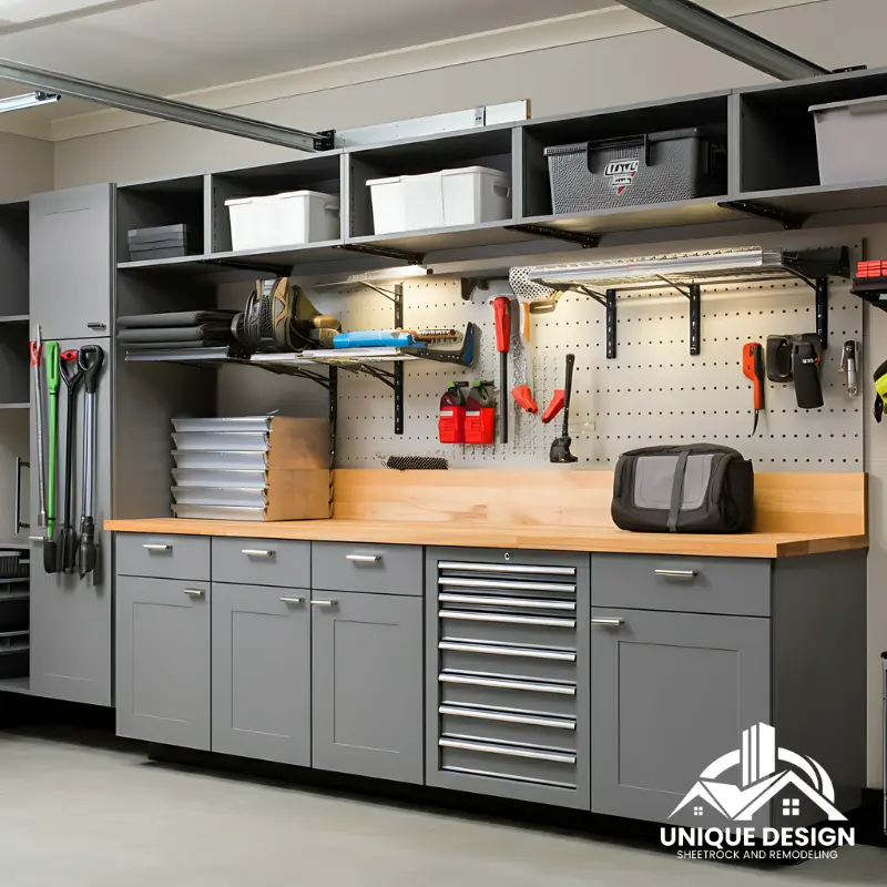 Organized garage workspace with gray cabinets, pegboard, and wooden countertop