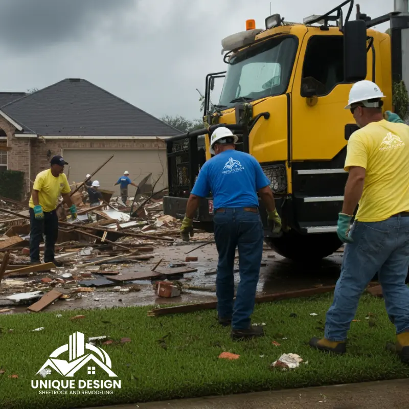 Cleanup crew in yellow and blue shirts clearing debris from a damaged home site with a large yellow truck nearby