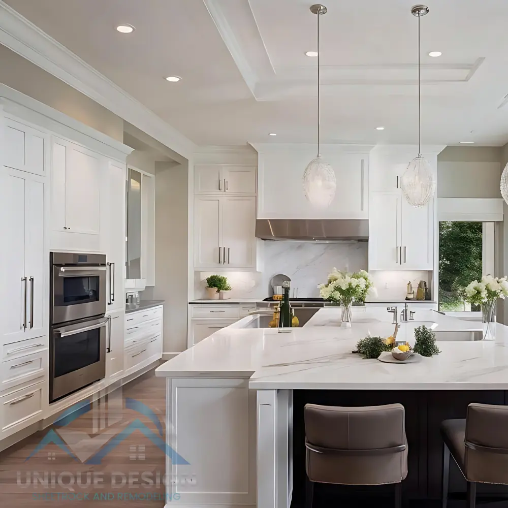 Modern white kitchen with large island, pendant lights, and stainless steel appliances