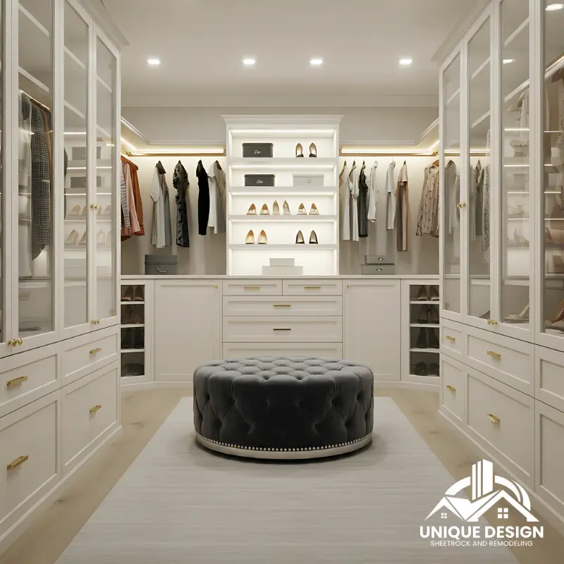 Bright white walk-in closet with glass cabinet doors, central ottoman, and shoe display