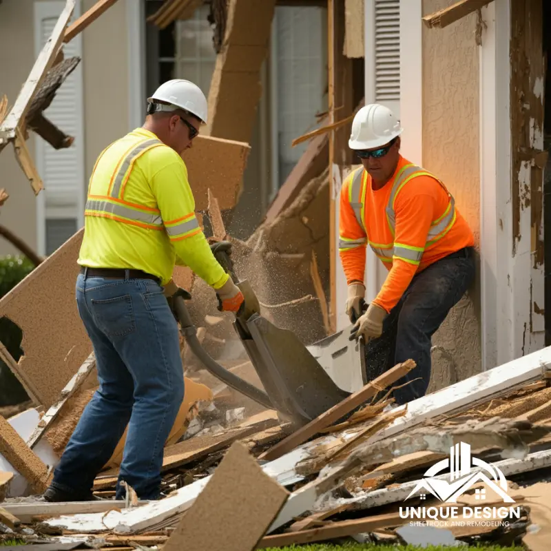 Two construction workers in safety gear clearing debris from a damaged building