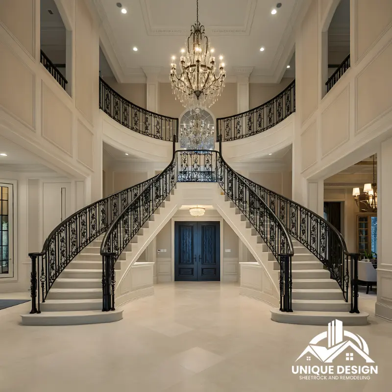 Opulent two-story foyer with dual curved staircases, ornate wrought iron railings, and a crystal chandelier.