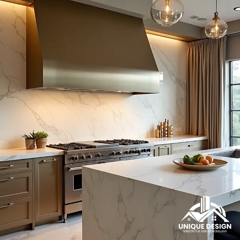 Kitchen with marble backsplash, taupe cabinets, and brass accents