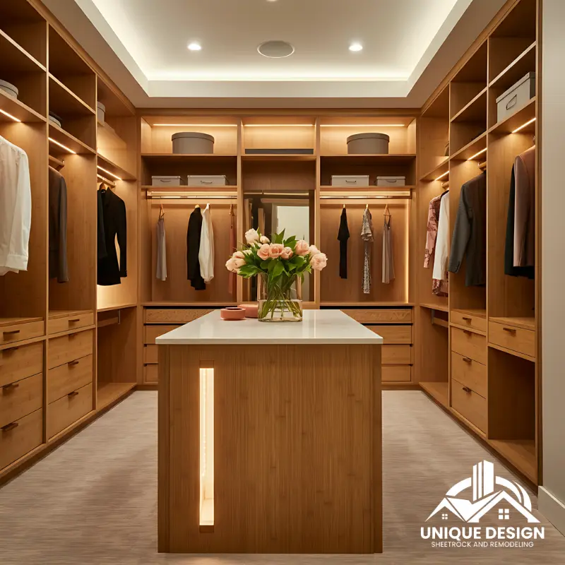 Spacious walk-in closet with wooden cabinetry, central island, and ambient lighting