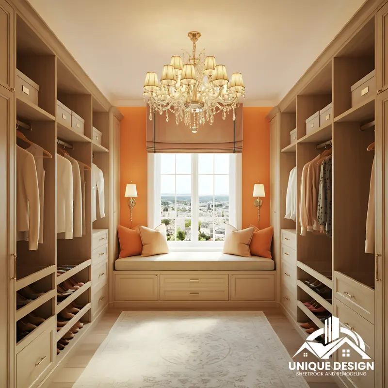 Elegant walk-in closet with cream cabinetry, crystal chandelier, and orange accent wall