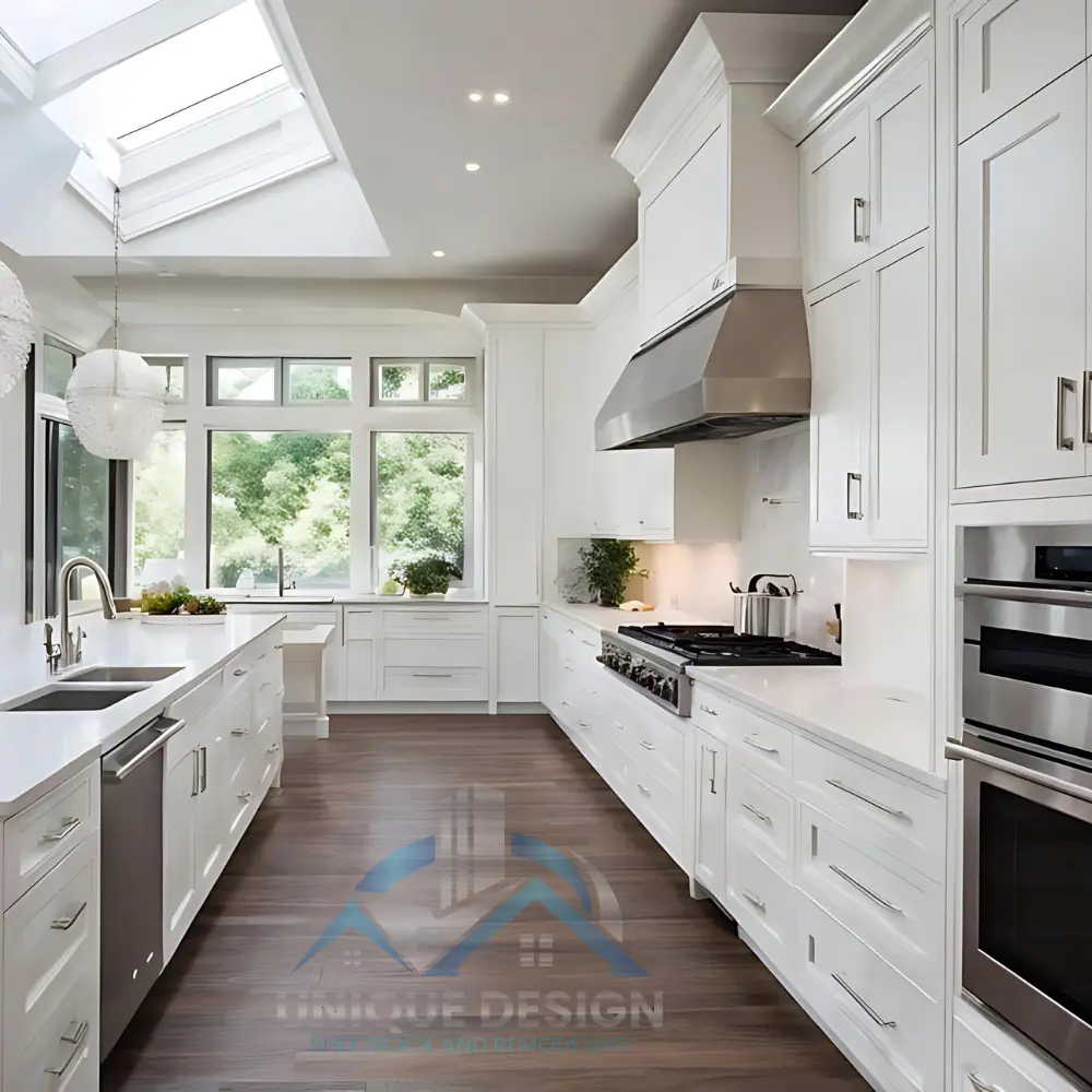 Spacious white kitchen with skylights, large windows, and stainless steel appliances