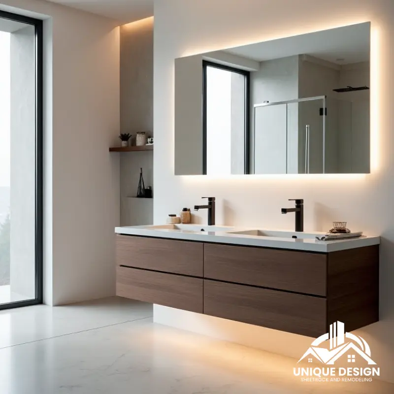 Modern bathroom with a wall-mounted dark wood vanity, double sinks, and a large illuminated mirror