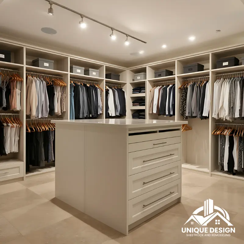 Large walk-in closet with white cabinetry, central island, and track lighting