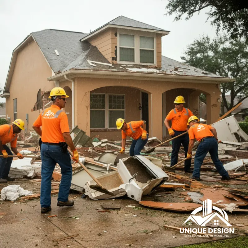 Group of workers in orange shirts and hard hats clearing debris from a damaged house