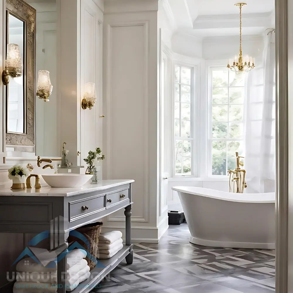 Classic white bathroom with freestanding tub and elegant vanity