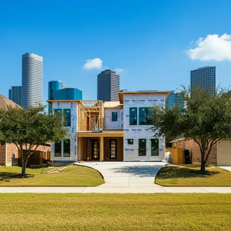 A modern two-story house under construction with Houston's skyline visible behind it.