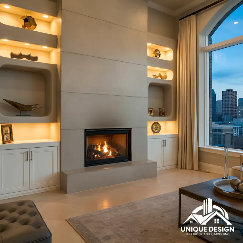 Luxurious living room with built-in shelving, fireplace, and panoramic city view.