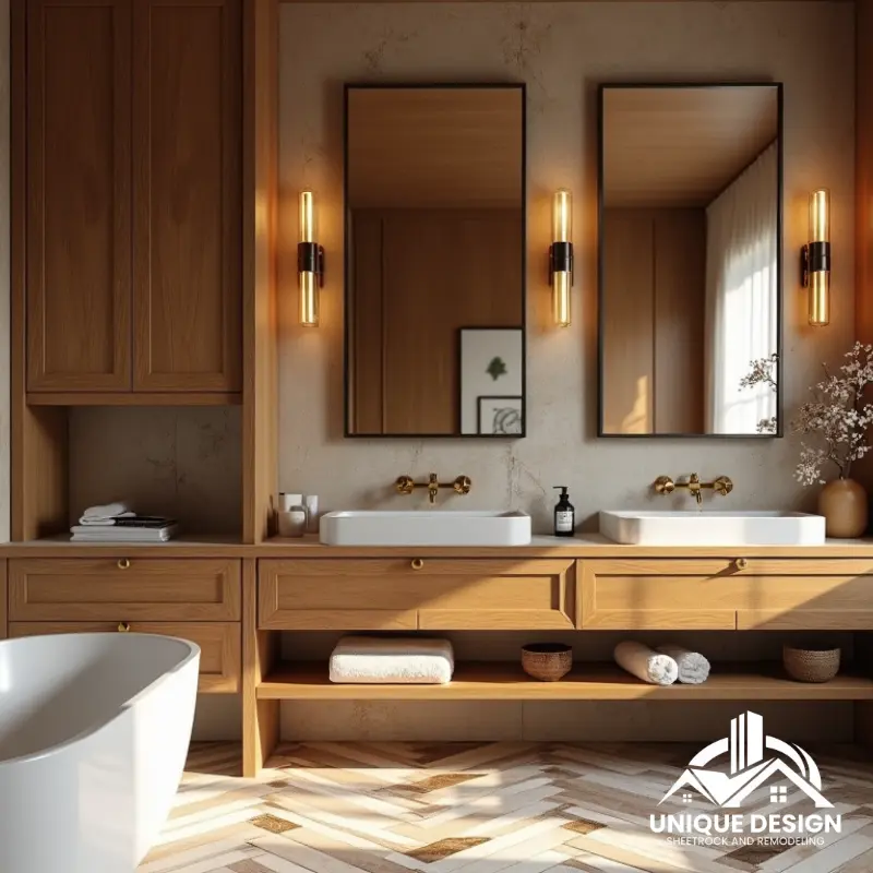 Elegant bathroom featuring a wooden double vanity, vessel sinks, gold fixtures, and vertical sconce lighting