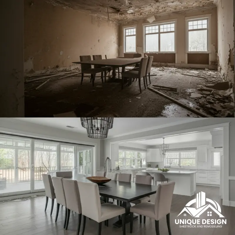 Split image showing a flood-damaged living room above and its fully restored and remodeled state below