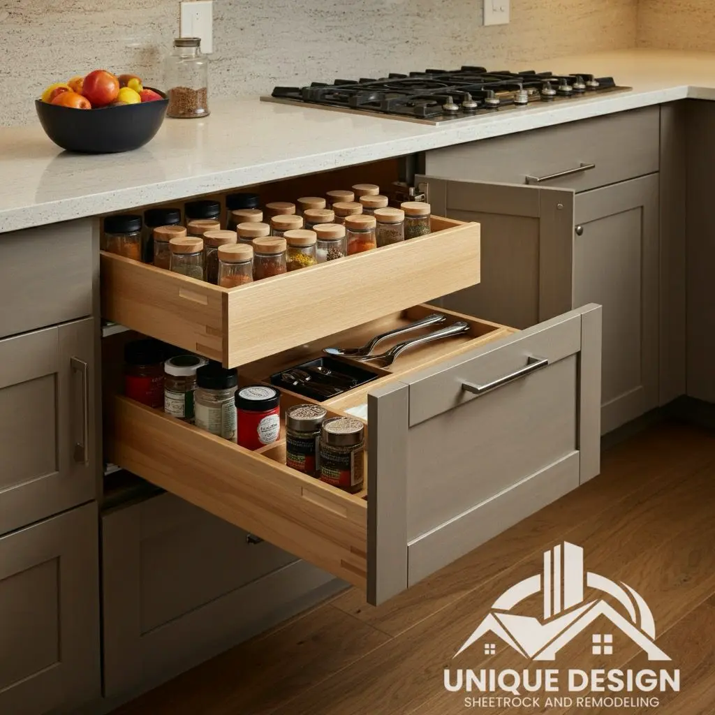 Custom cabinet organization system in a modern Houston kitchen