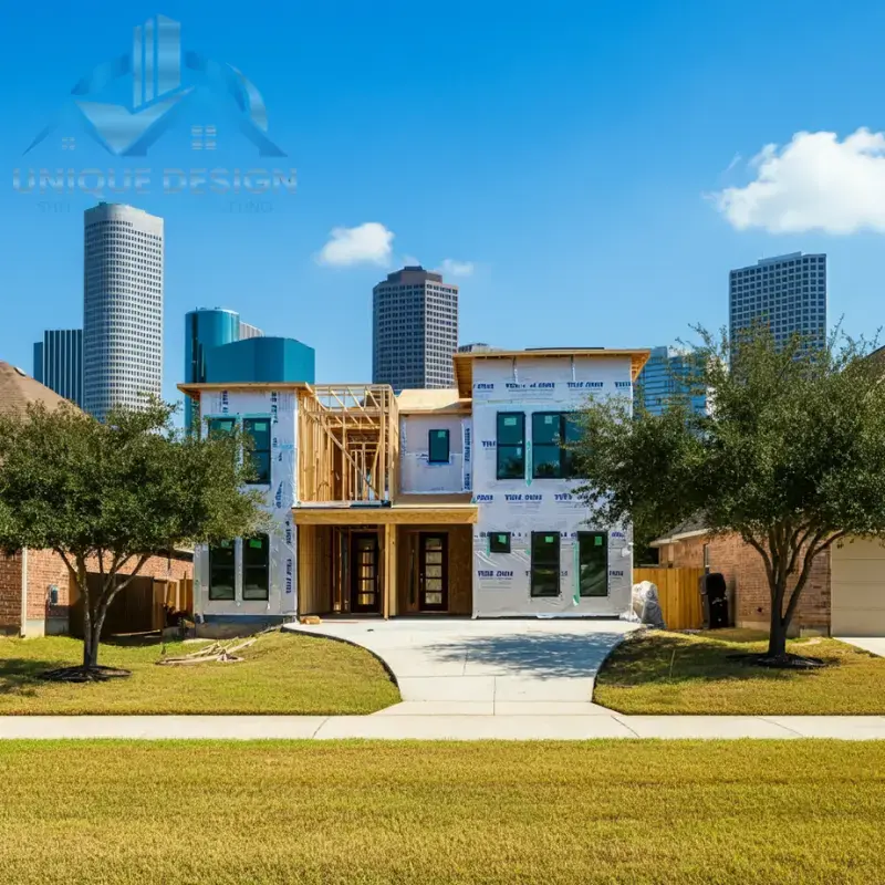 New home construction with Houston skyline in background, showing a two-story house frame and partially completed exterior.