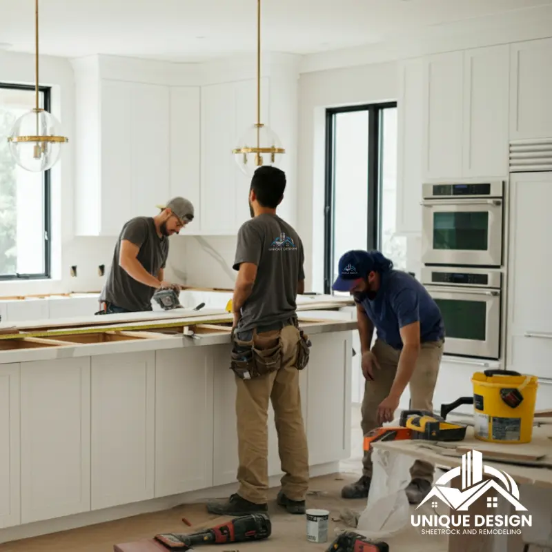 Three contractors installing custom white kitchen cabinets and countertops